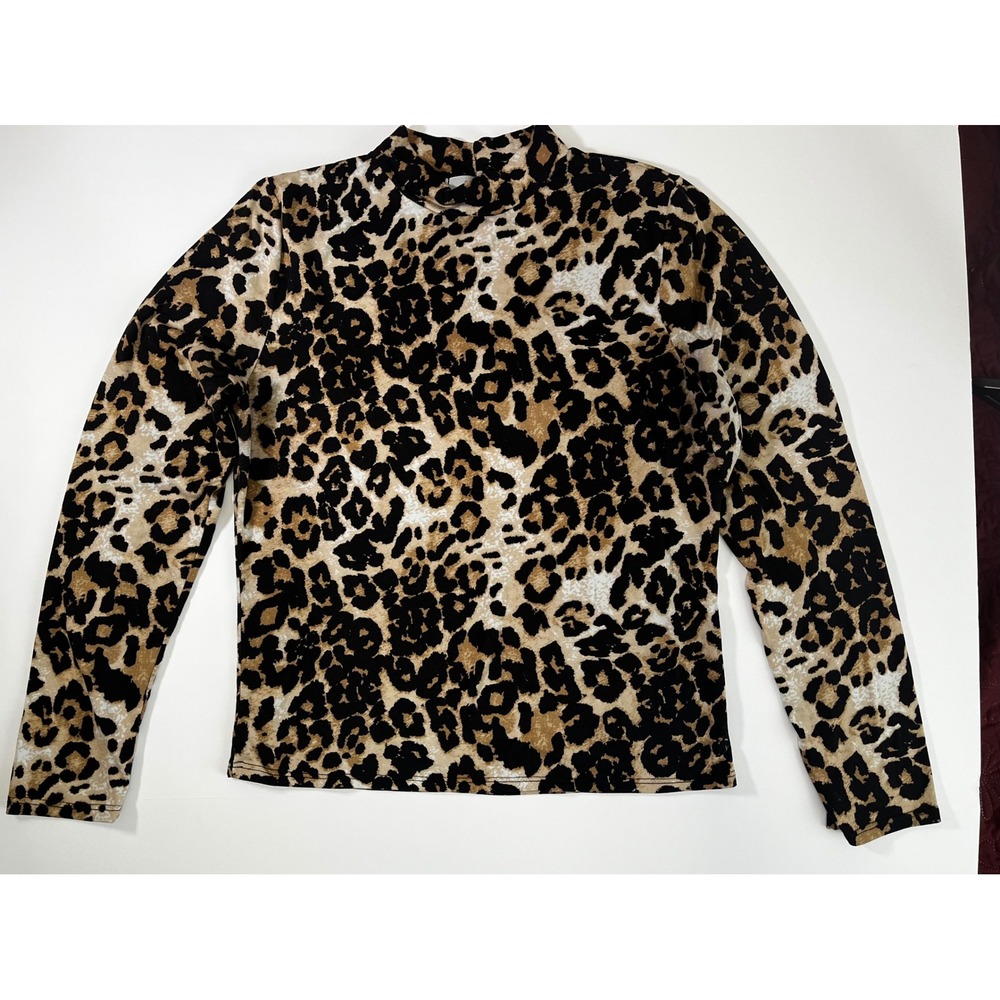 Gaze Womens Leopard Print Mock Neck Long Sleeve Top - Size L